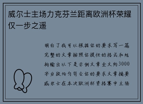 威尔士主场力克芬兰距离欧洲杯荣耀仅一步之遥