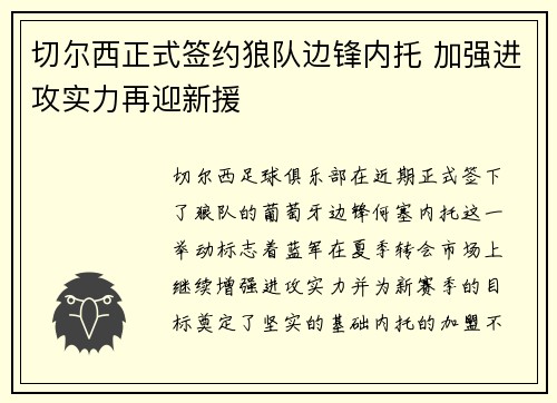 切尔西正式签约狼队边锋内托 加强进攻实力再迎新援 切尔西正式签约狼队边锋内托 加强进攻实力再迎新援